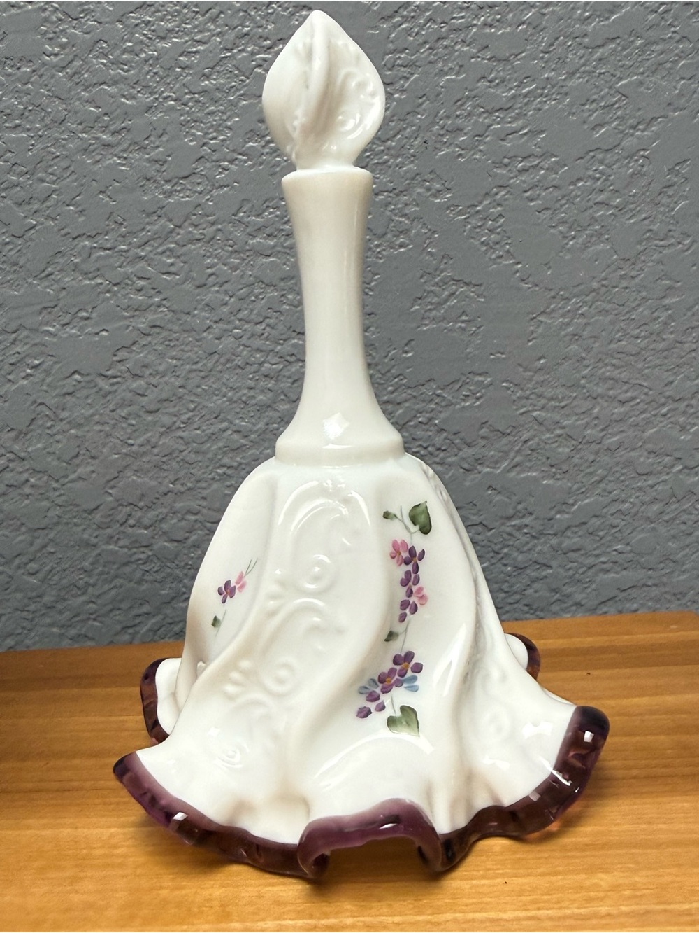 Fenton White Milk Glass Bell Purple-Trim Floral Accents - Picture 4 of 9